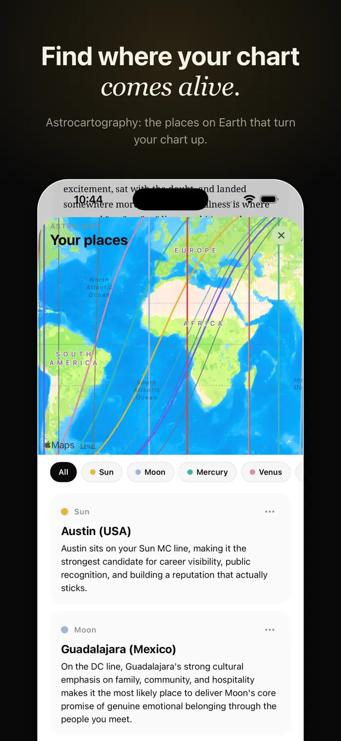 Find where your chart comes alive — astrocartography, the places on Earth that turn your chart up